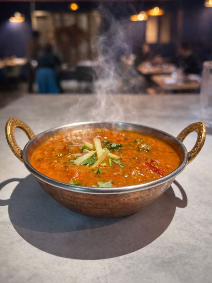 Curry de poulet fumant dans sa marmite en cuivre